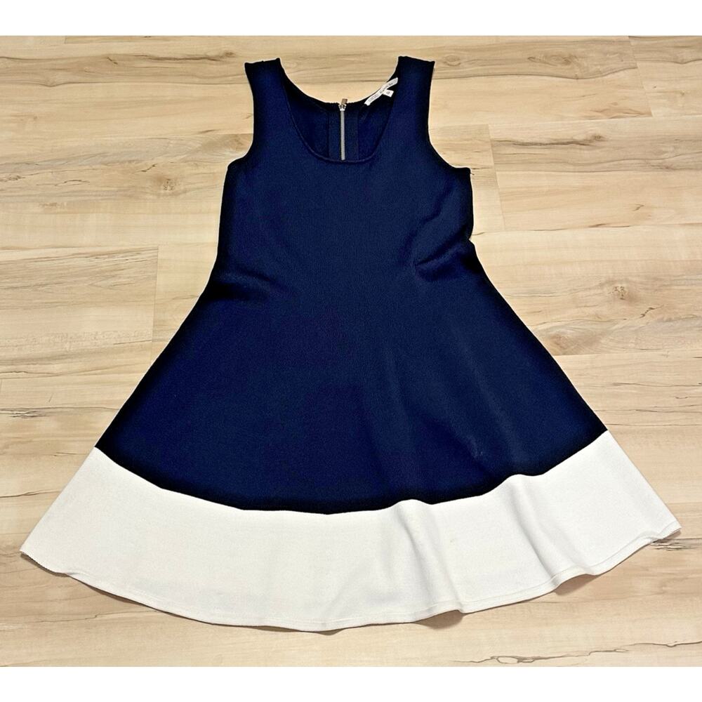 Rachel Roy Women XL Fit Flare Dress Knit TankFlutter‎ Hem Navy Blue White Hem